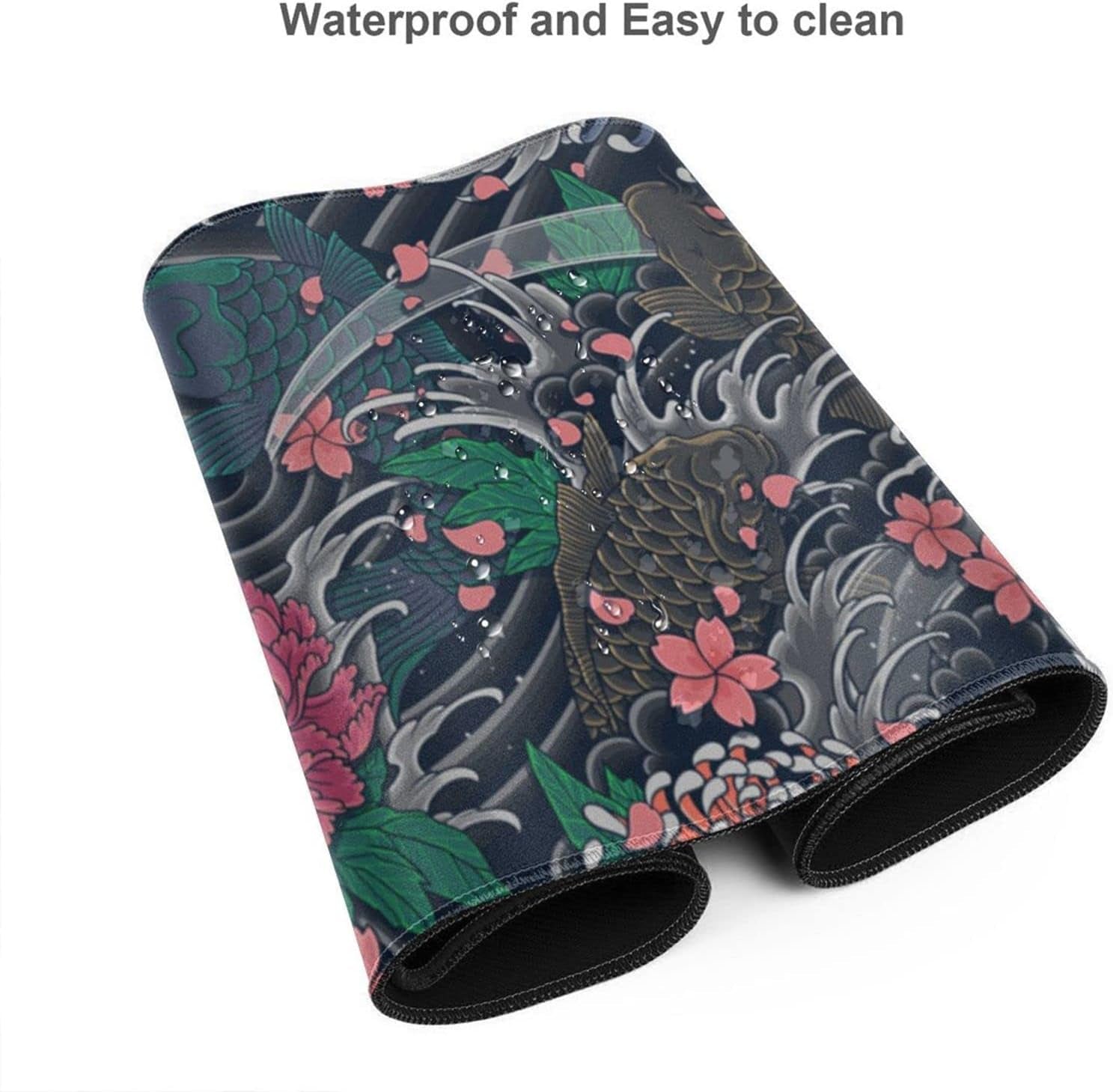 Japanese Wave and Koi Gaming Mouse Pad XL, Extended Large Full Desk Mousepad 31.5 X 11.8 Inch, Big Mouse Pad with Stitched Edge, Non-Slip Long Computer Keyboard Mat for Office & Home by