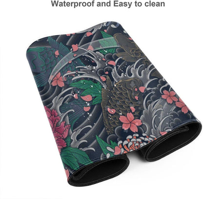 Japanese Wave and Koi Gaming Mouse Pad XL, Extended Large Full Desk Mousepad 31.5 X 11.8 Inch, Big Mouse Pad with Stitched Edge, Non-Slip Long Computer Keyboard Mat for Office & Home by
