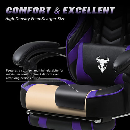 Purple Reclining Computer Chair with Footrest, High Back Gamer Chair with Massage, Large Racing Style Desk Chair for Gaming, Big and Tall Gaming Chairs for Adults