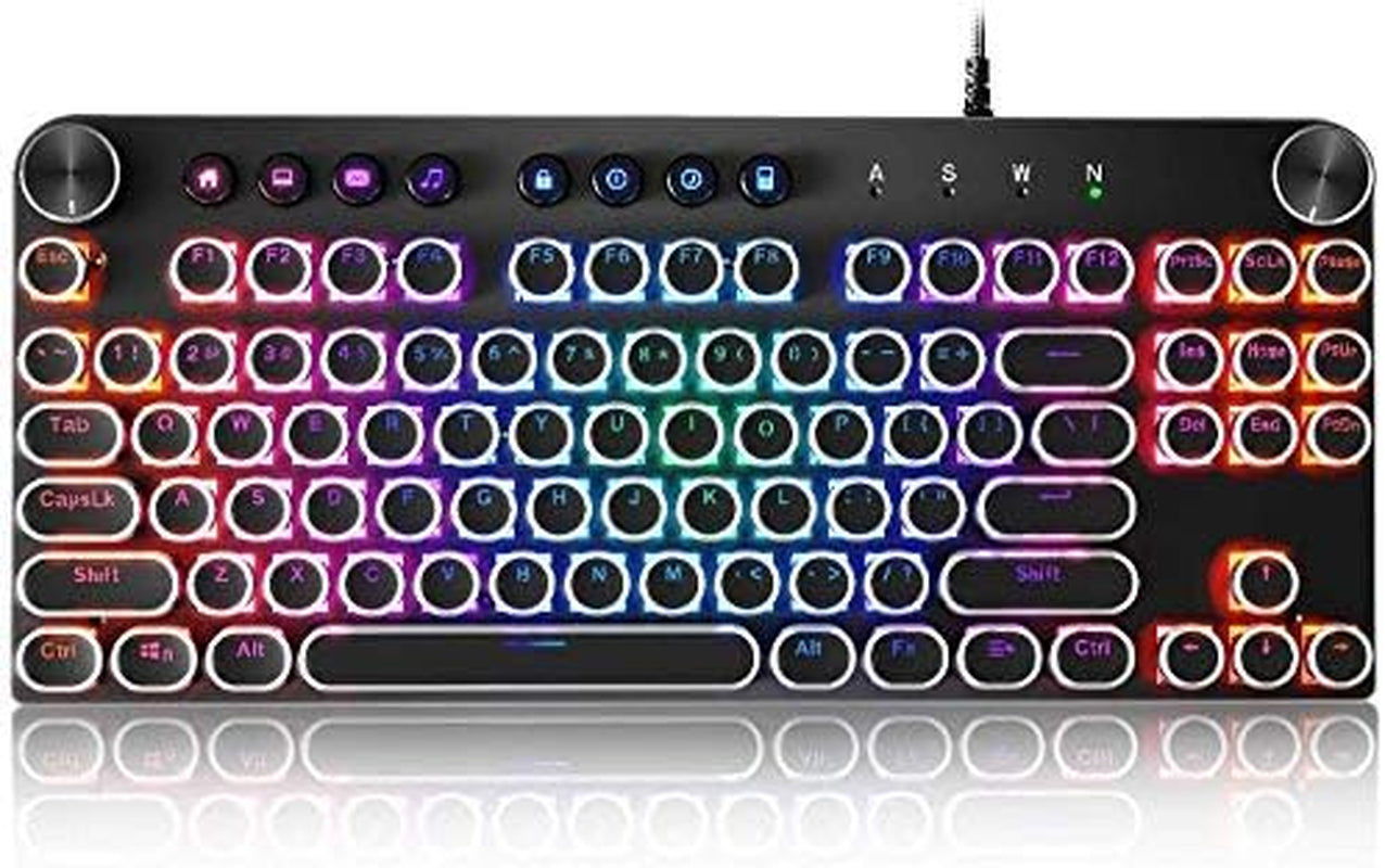 Mechanical Keyboard, 87 Keys Brown Switch RGB Keyboard with Media Control Knobs, Retro round Keys Gaming Keyboard, Black