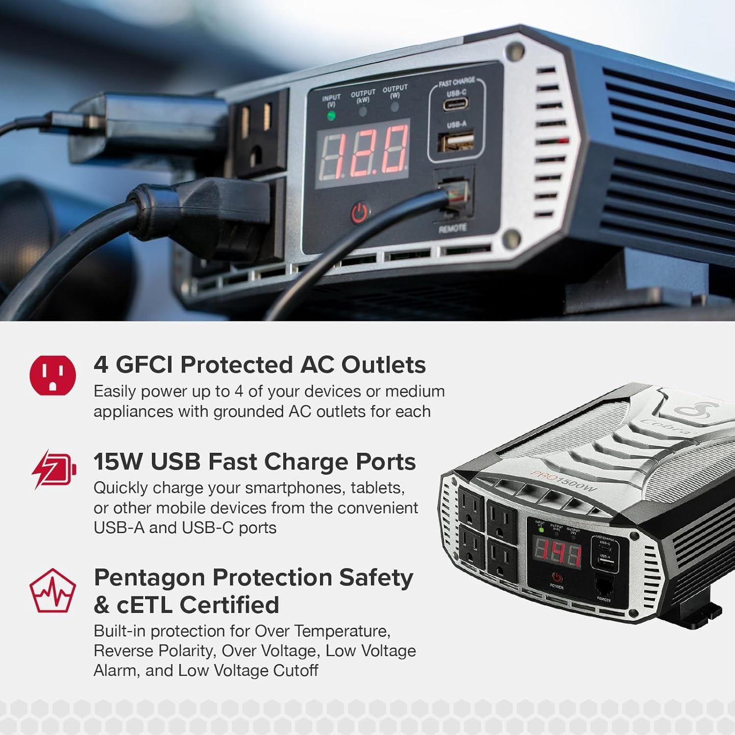 PRO 1500W Professional Grade Power Inverter, Portable – 1500-Watt Car Charger, 4 Grounded AC Outlets, 2 Fast Charge USB Ports and Remote Controller (CPIALCDG1) Compatible