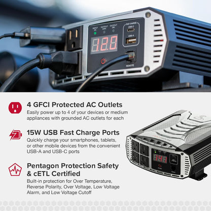 PRO 1500W Professional Grade Power Inverter, Portable – 1500-Watt Car Charger, 4 Grounded AC Outlets, 2 Fast Charge USB Ports and Remote Controller (CPIALCDG1) Compatible