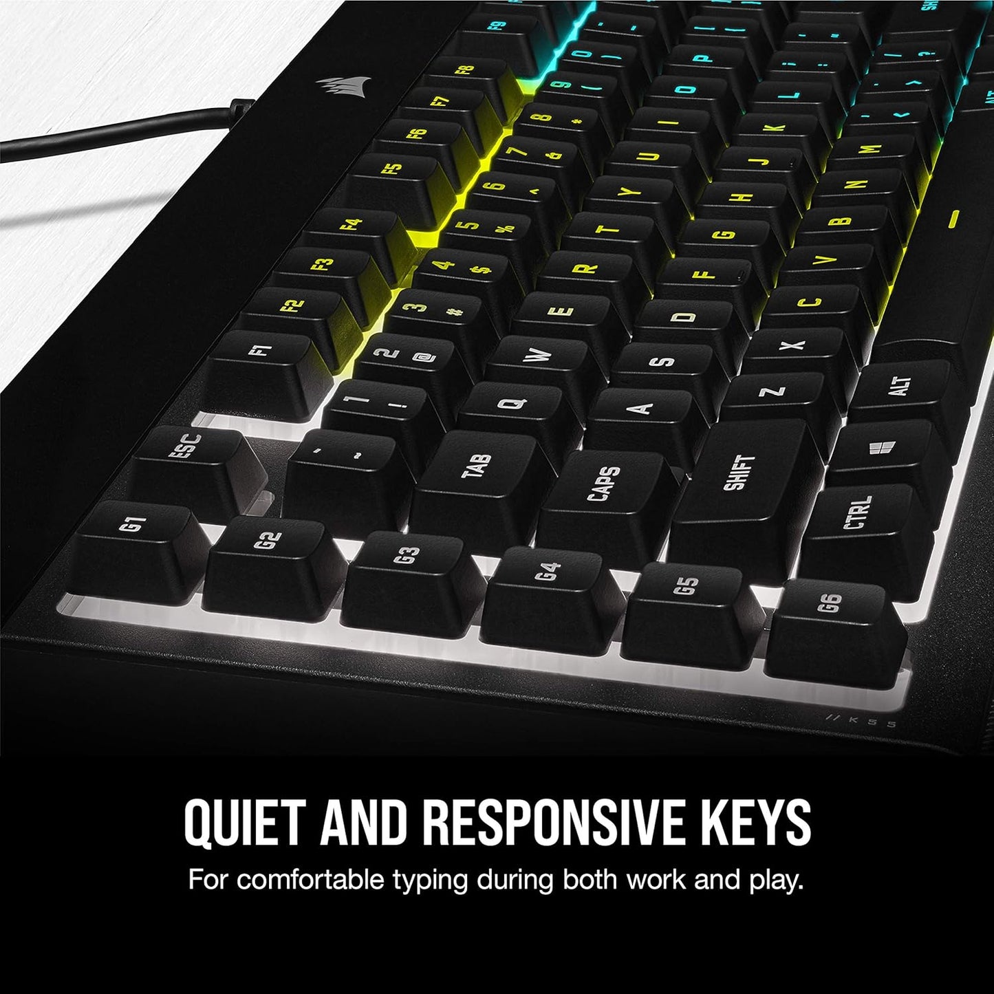 K55 RGB PRO - Dynamic RGB Backlighting - Six Macro Keys with Elgato Stream Deck Software Integration - IP42 Dust and Spill Resistant - Detachable Palm Rest - Dedicated Media and Volume Keys
