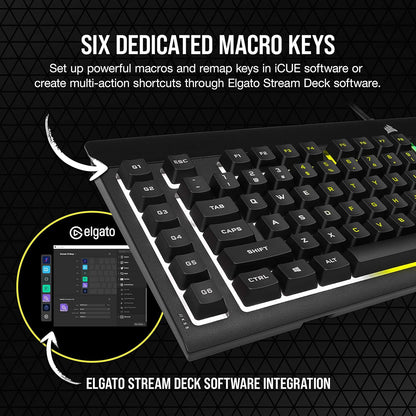K55 RGB PRO - Dynamic RGB Backlighting - Six Macro Keys with Elgato Stream Deck Software Integration - IP42 Dust and Spill Resistant - Detachable Palm Rest - Dedicated Media and Volume Keys