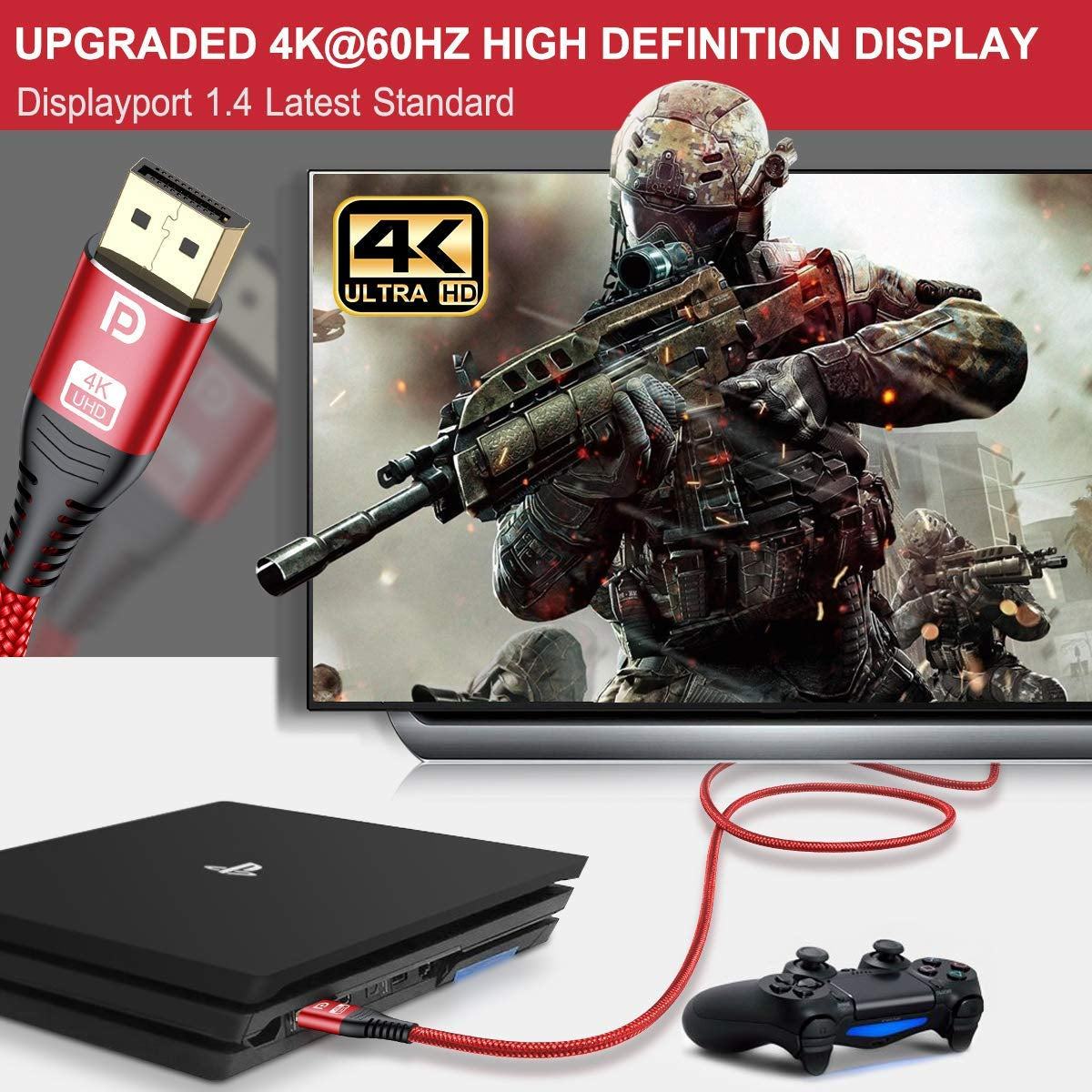 Displayport Cable 15Ft [4K@60Hz,2K@165Hz 144Hz], DP 1.2 Cable High Speed Gold-Plated Nylon Braided DP Cord Support 1440P,1080P,Free-Sync G-Sync for Gaming Monitor 3090 Graphics Pc-Red