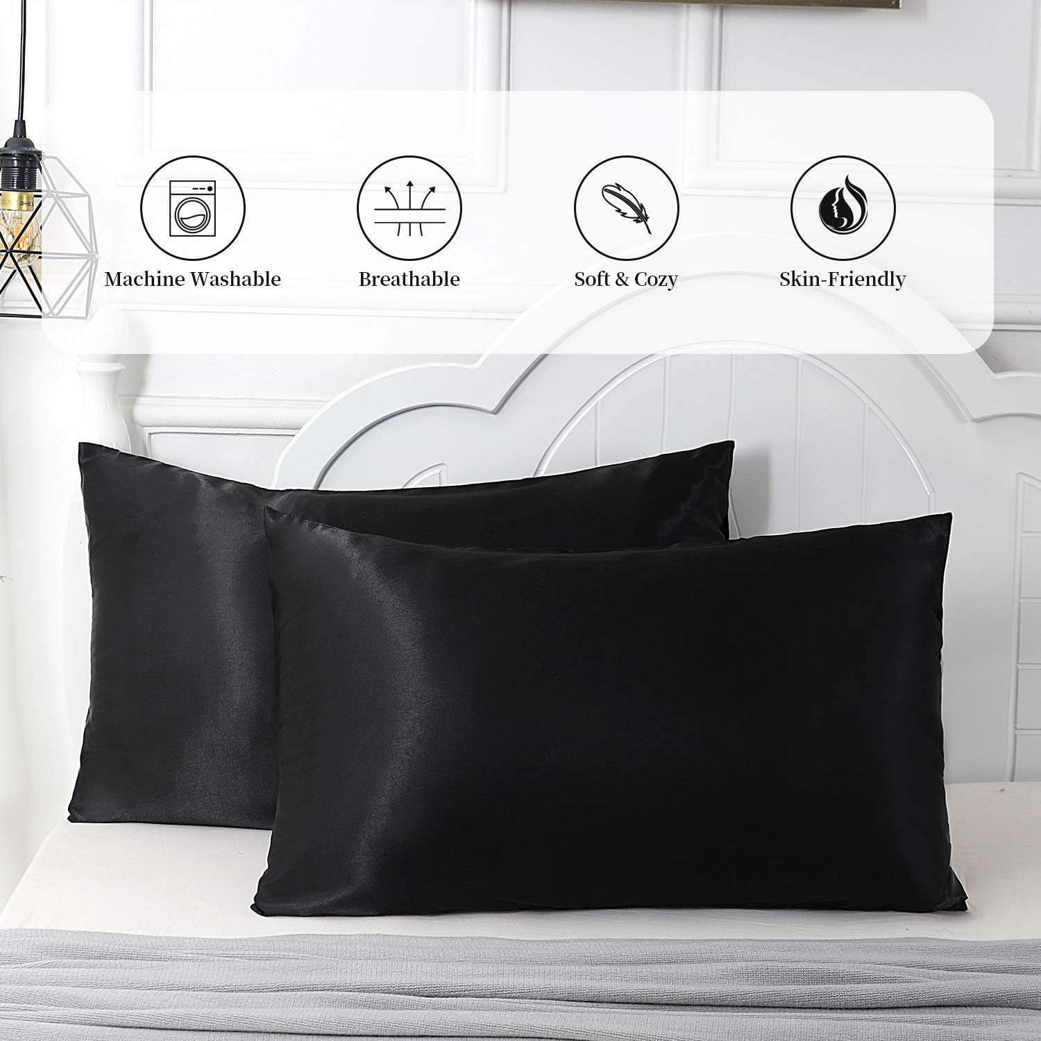 Satin Pillowcase for Hair and Skin, Silk Pillowcase 2 Pack Standard Size with Envelop Closure, Gifts for Women Men (Black, 20”X26”,2Pcs)