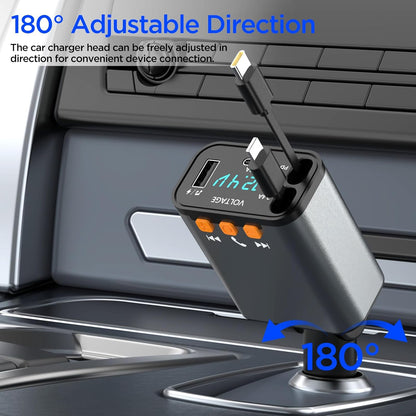 Retractable Car Charger,5 in 1 PD Car Phone Charger with Bluetooth 5.3 FM Transmitter,Handsfree Call and MP3 Player,2 Retractable Cables and USB Charging Adapter for Cars Phone,Galaxy,Pixel(Grey)