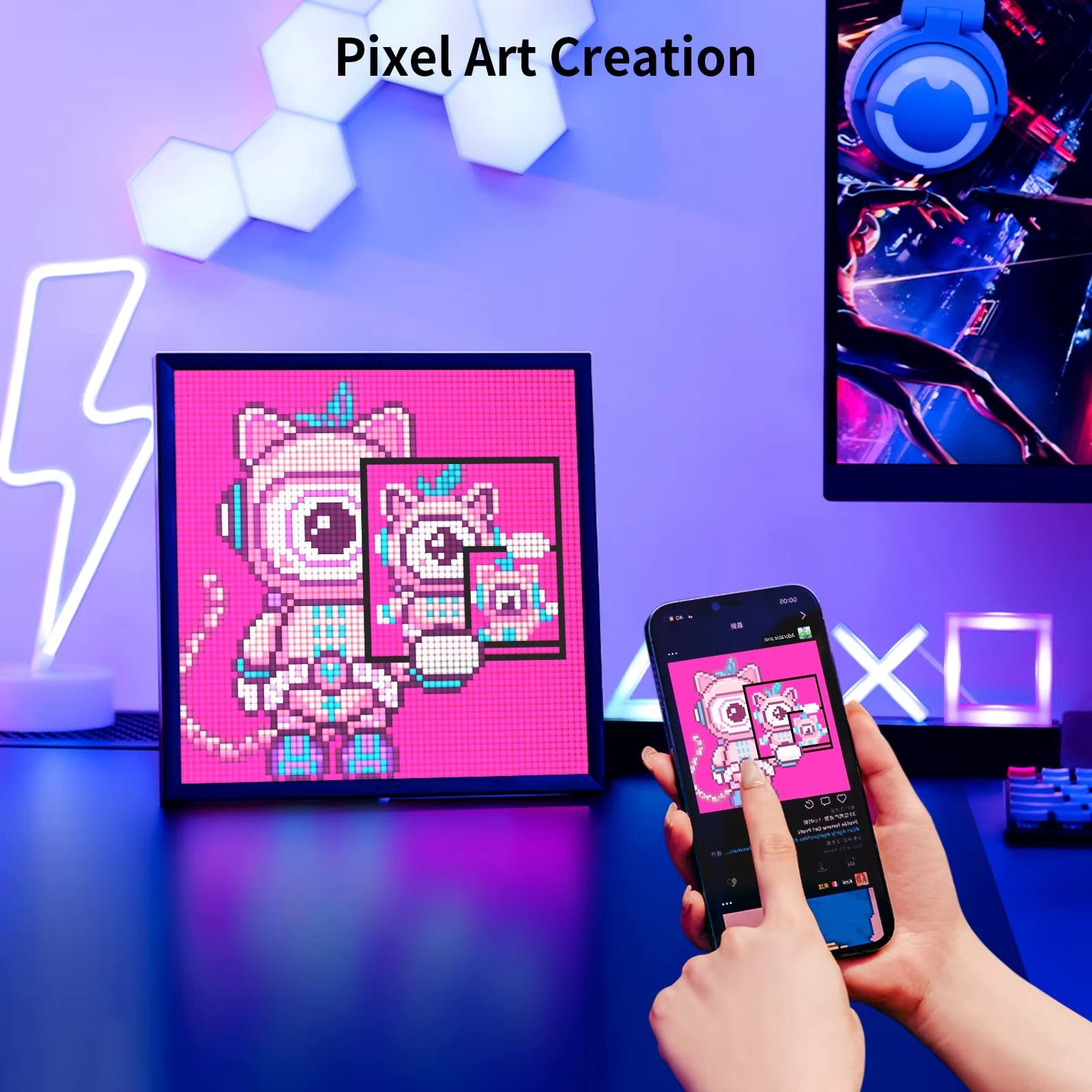Pixoo 64 Digital Photo Frame with 64*64 Pixel Art LED Picture Electronic Display Board,Neon Light Sign Home Decoration