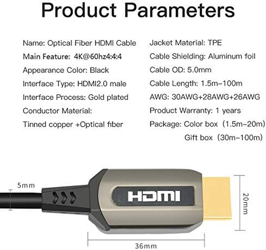 65Ft AOC HDMI Fiber Optic Cable Ultra HDR Hdmi2.0B 18 Gbps,Support 4K60HZ ARC HDR10 HDCP2.2, Dolby Vision, Light Speed Slim and Flexible