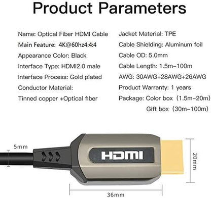 65Ft AOC HDMI Fiber Optic Cable Ultra HDR Hdmi2.0B 18 Gbps,Support 4K60HZ ARC HDR10 HDCP2.2, Dolby Vision, Light Speed Slim and Flexible