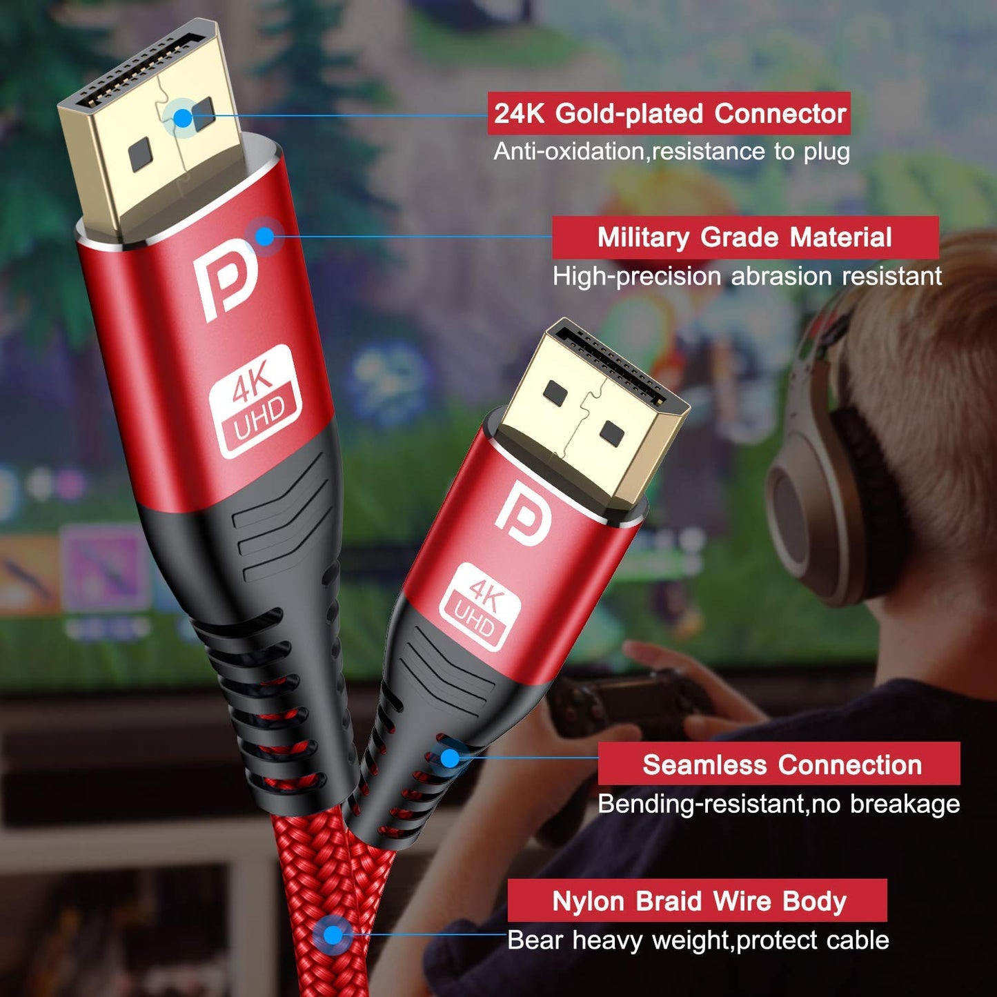 Displayport Cable 15Ft [4K@60Hz,2K@165Hz 144Hz], DP 1.2 Cable High Speed Gold-Plated Nylon Braided DP Cord Support 1440P,1080P,Free-Sync G-Sync for Gaming Monitor 3090 Graphics Pc-Red