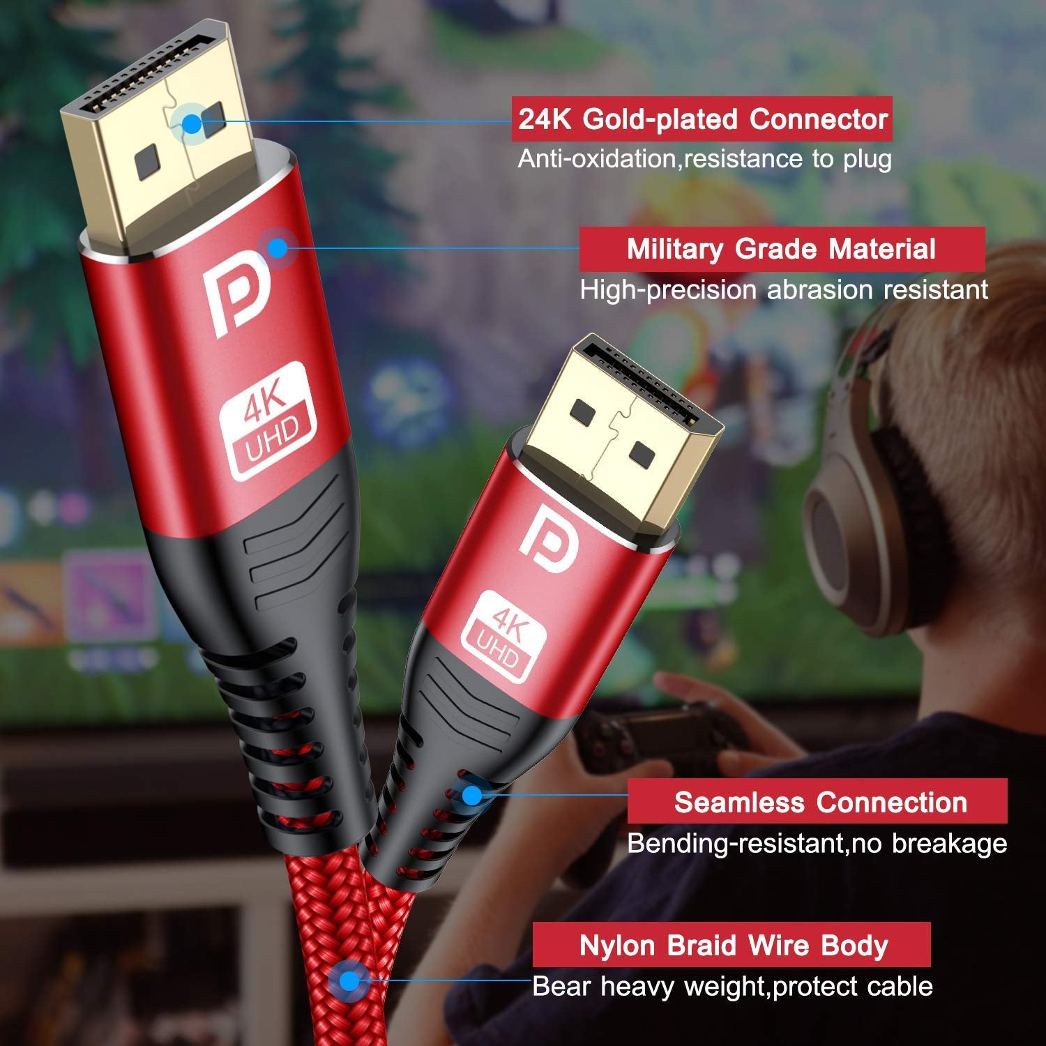 Displayport Cable 15Ft [4K@60Hz,2K@165Hz 144Hz], DP 1.2 Cable High Speed Gold-Plated Nylon Braided DP Cord Support 1440P,1080P,Free-Sync G-Sync for Gaming Monitor 3090 Graphics Pc-Red