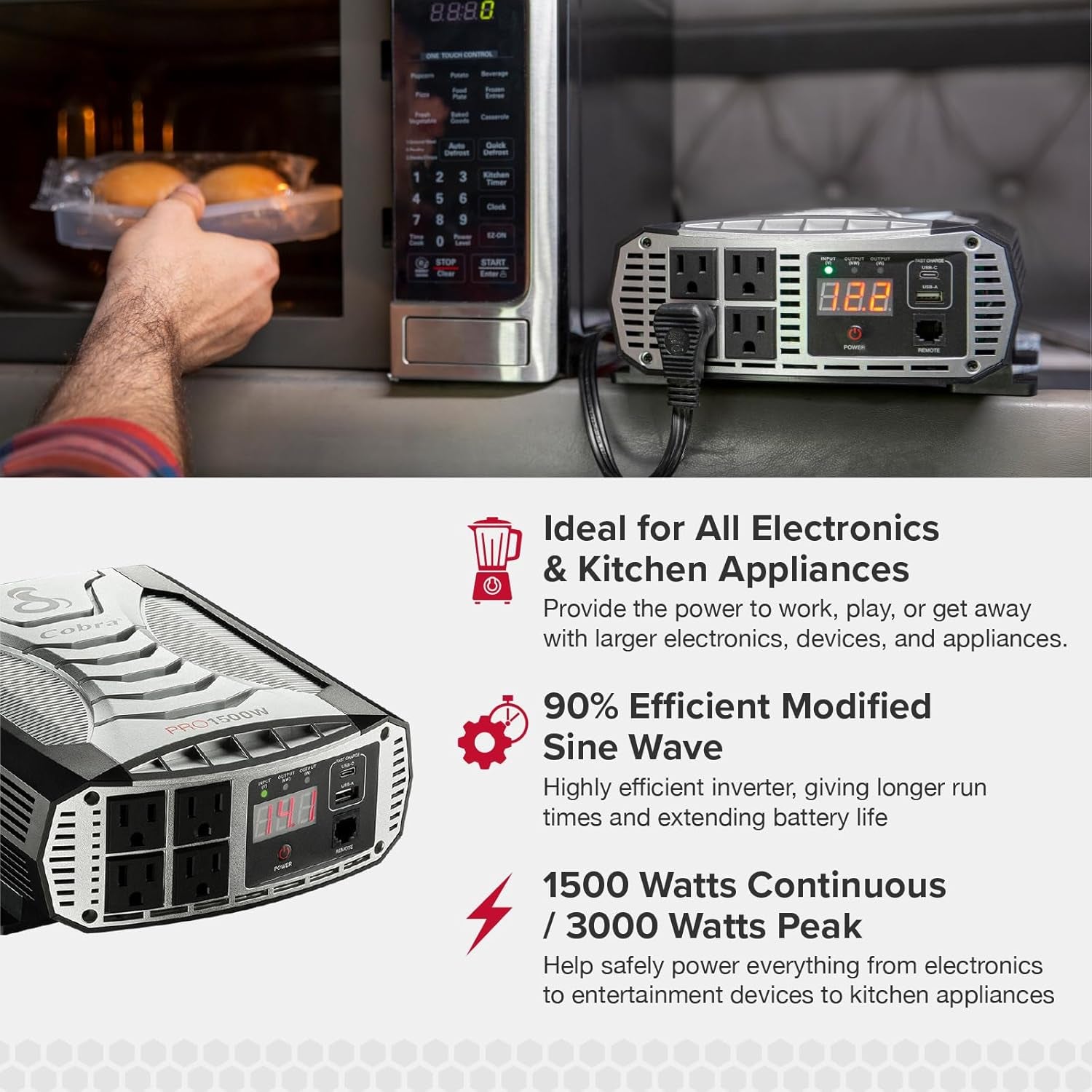 PRO 1500W Professional Grade Power Inverter, Portable – 1500-Watt Car Charger, 4 Grounded AC Outlets, 2 Fast Charge USB Ports and Remote Controller (CPIALCDG1) Compatible