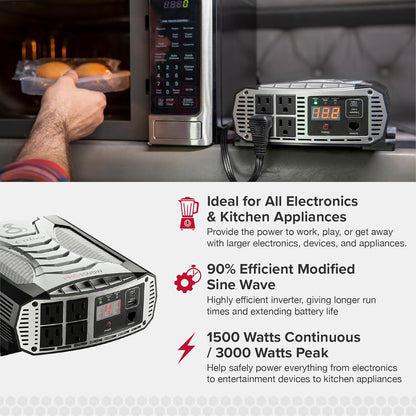 PRO 1500W Professional Grade Power Inverter, Portable – 1500-Watt Car Charger, 4 Grounded AC Outlets, 2 Fast Charge USB Ports and Remote Controller (CPIALCDG1) Compatible